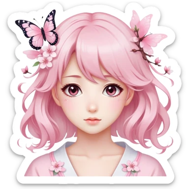 A Gorgeous Beautiful Anime Lady Sakura Cherry Blossom and Pretty Hair, pastelcore aesthetic, pastel pink and white, butterfly, Fairycore sticker