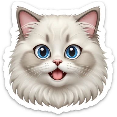 cinematic-adorable-big-eyed-fluffy-ragdoll-cat-portrait-emoji,-head-tilted-playfully-with-a-cute,-exaggerated-yawn,-white and grey fur,-simplified-yet-irresistibly-cute-features, blue eyes sticker