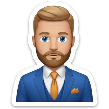 create a master of tactical finesse, a muscled white man in a bespoke suit, blue eyes with a beard sticker