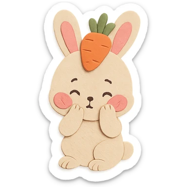 full-body beige bunny with carrot hat, blushing shyly, paws touching cheeks, bashful expression, pastel tones sticker