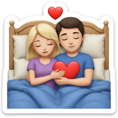 cuddling in bed, asleep. blonde girl. brunette man. eyes closed. heart between them. no headboard sticker