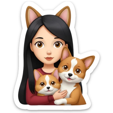 The girl with long black hair holding a corgi and a Abyssinian cat sticker