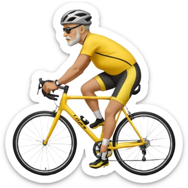 emoji of a 60-year-old man, about 200 lbs, no beard, no eyeglasses, in loose cycling clothes, yellow and black top, straddling a grey road bike, graphic design, adding a background of a road in a neighborhood or highway sticker