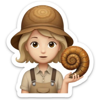 Shelly has a small, chibi-style body with a large ammonite-shaped head that looks like a beige fossil shell. One side of her head has a dark opening, making it clear she isn’t human. Her face is simple and soft, with big round eyes. She wears a brown suspender outfit over a lighter shirt sticker