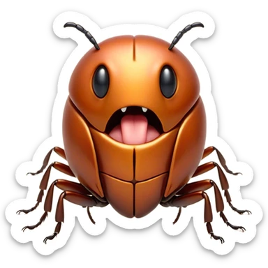 Cinematic Adorable Yawning Beetle Portrait Emoji, Head tilted slightly with a dramatic, wide-open yawn, showcasing a small, intricately armored form with softly drooping elytra and sleepy, half-closed eyes, Simplified yet irresistibly cute features, highly detailed, glowing with a soft, cozy metallic glow, high shine, relaxed yet expressive, stylized with a dash of whimsical natural charm, soft glowing outline, capturing the essence of a drowsy beetle that appears ready to stretch and yawn its way out of the screen! sticker