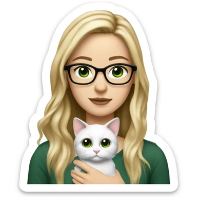 pretty white girl with dark green eyes, long ombré hair from dirty blonde to blonde, with square frame glasses. holding a cat sticker