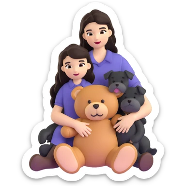 Kendall Jenner with long dark hair, holds a brown teddy bear and a black schnauzer sticker