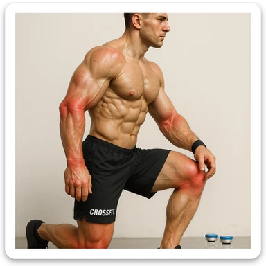 realistic anatomical side view of a crossfit athlete with swollen and reddened joints, prominent muscles, vials labeled 'Stanozololo' on the ground, natural light, light background sticker