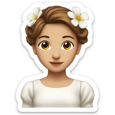 a beautiful girl with midlle straigh liht brown hair and brown eyes, she has a beautiful flower under her ear and she has a white beautiful dess sticker
