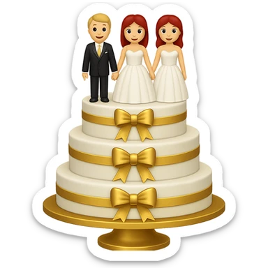 Add gold accents to the red wedding cake with bride and groom toppers. Keep the background transparent. The style is emoji style with concise and simple details. sticker