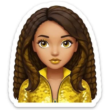 Leigh-Anne Pinnock from Little Mix with long dark brown hair, yellow sequin outfit sticker