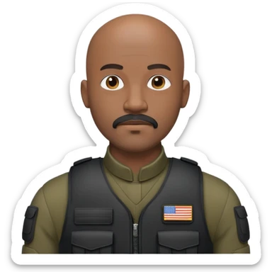 black soldier bald head, short beard that connects seamlessly to his mustache,  in black bulletproof vest sticker