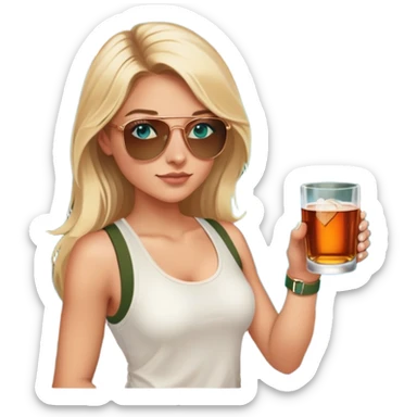 girl with long blond hair
with blue eyes
and aviator sunglasses
wearing white tank top 
holding a glass of whiskey 
wearing rose gold apple watch with forest green band  sticker
