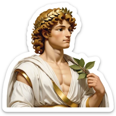 Cinematic Realistic Hercules Portrait, head tilted dramatically with an exaggeratedly amused expression, blending the fierce valor of the Hercules with the classic elegance of Michelangelo's David. His light tan skin and thick, curly, golden brown hair, rendered with meticulous classical detail, frame a face of heroic determination and playful charm. Clad in a gracefully draped white robe adorned with subtle golden embellishments and accented by a distinguished Greek laurel wreath, dynamic lighting accentuates both his formidable physical power and his approachable, spirited demeanor. sticker