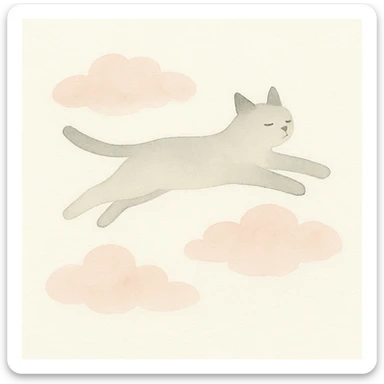 a cat soaring through fluffy pink clouds, soft watercolor style sticker