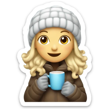 Girl with blonde hair, ear muffs, a beanie, with a puffy jacket holding hot coco in apple woman emoji style  sticker