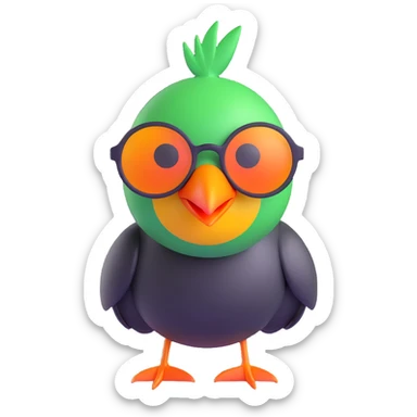 Make the bird emoji more emoji-like with a smooth, shiny 3D look, vibrant colors, and an expressive face. Keep the same pose, orange beak, and round sunglasses. Bird looking to the right. No background. Style should match modern emoji aesthetics. sticker