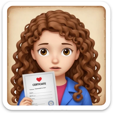 A girl with long curly brown hair shows an IELTS certificate with low score dissapointed sticker