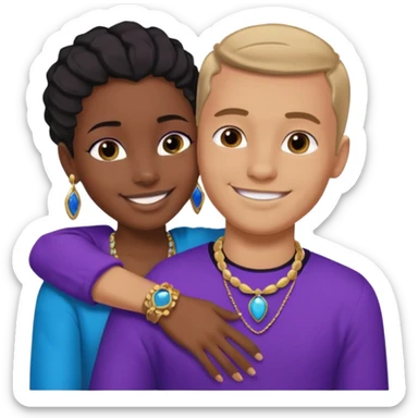 Tan European male wearing blue and smiling and hugging a jet black African girl in purple clothes with blue jewelry sticker