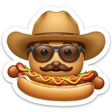 A hotdog with sunglasses and a cowboy hat sticker