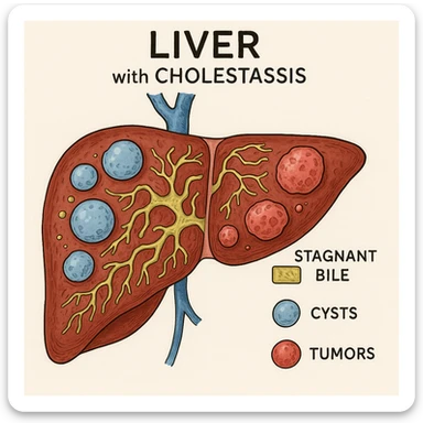 medical drawing of liver with cholestasis (highlighted stagnant bile), visible cysts and tumors, using distinct colors for each pathology, precise and educational medical illustrative style sticker