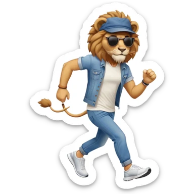 friendly anthropomorphised lion in jeans and a t-shirt, wearing dark sunglasses and a hat, jogging upright in relaxed pose sticker