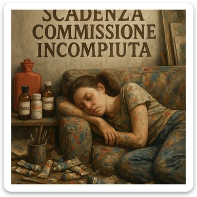 Young female artist asleep on a paint-stained sofa, above her the Italian text 'Scadenza commissione incompiuta', medicine bottles and hot water bottle arranged like war supplies, creative and chaotic atmosphere, hyperrealism 4K, visible tiredness, Italian texts in the image sticker
