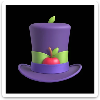 tall vintage-style purple top hat with smooth slightly glossy surface, wide brim, colorful satin ribbon wrapped around base, whimsical and elegant, inspired by Willy Wonka's iconic headwear, apple-style cartoon finish, soft shadows, clean white background sticker