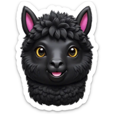 Cinematic Comical Black Alpaca Portrait Emoji, Head tilted dramatically with an exaggeratedly amused expression, featuring a striking jet-black fleece with playful texture, wide, expressive dark eyes filled with playful disbelief, Simplified yet hilariously expressive features, highly detailed, glowing with a slightly sassy glow, high shine, dramatic yet playful, stylized with an air of cheeky mischief, bright and endearing, soft glowing outline, capturing the essence of a spirited and over-the-top alpaca, so meme-worthy it feels like it could side-eye its way into internet fame instantly! sticker