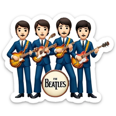 Cinematic Realistic The Beatles Group Emoji, depicted as an iconic band of four exuding playful charisma and musical genius with retro instruments and vibrant expressions, rendered with rich textures and nostalgic dynamic lighting that captures their legendary impact on pop culture. sticker