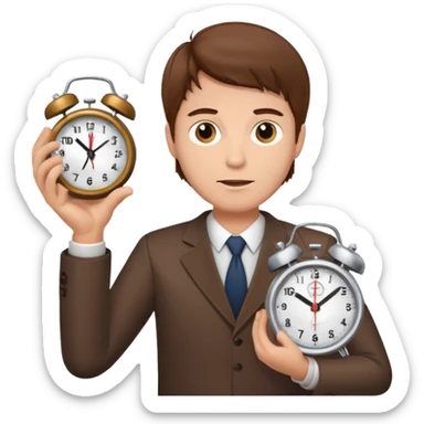 A man with brown hair holding an alarm clock sticker