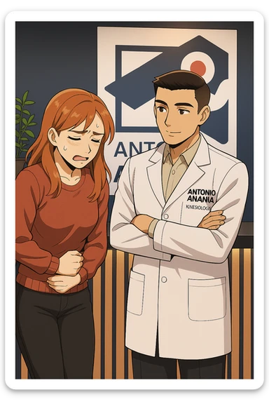 su questo stile fai un manga/webtoon a colori in cui una donna si lamenta che sta male e ha mal di pancia, l'uomo della foto in stile manga gli risponde, mantieni un ambiente simile alla foto che ho allegato con il suo logo (sarebbe il suo studio, lui è un kinesiologo), scrivigli "ANTONIO ANANIA" sul camice bianco, non mettere fumetti, ma fai in modo che sembri che la donna chiede una cosa e l'uomo risponde alla sua domanda sticker