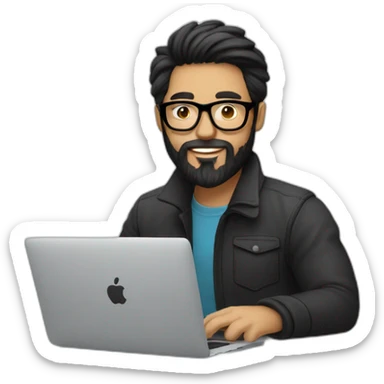 Designer with black hair, beard and glasses working with MacBook and drinking cappuccino  sticker