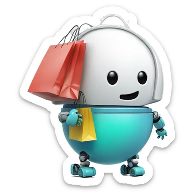 cute white floating spherical happy robot with floating shopping bags sticker