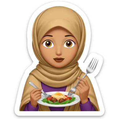 a woman wearing a pashmina hijab is eating sticker