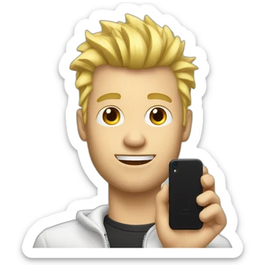Blonde man with faux hawk hair holding iPhone in hand sticker