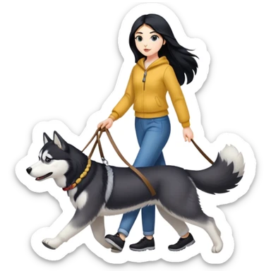 A girl with long black hair walks a husky sticker