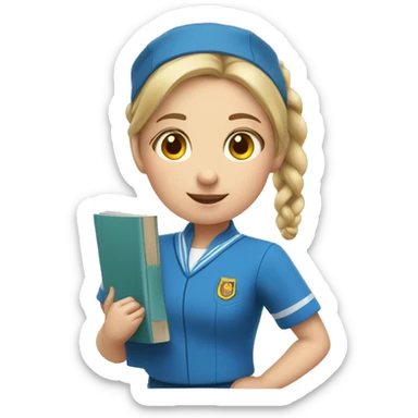girl in a blue uniform with two pigtails and a book sticker