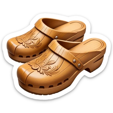 Cinematic Realistic Wooden Clogs Emoji, depicted as a pair of traditionally carved wooden clogs with intricate details and rustic charm. sticker