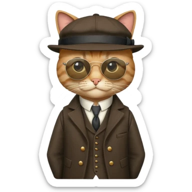 Cat wearing sunglasses and a peaky blinders hat, along with a waistcoat and over coat.
Peaky blinders style sticker