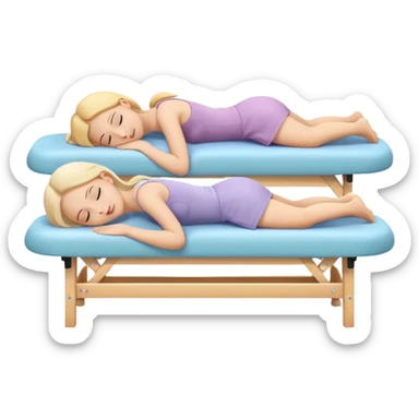 A cute emoji-style illustration of a girl lying on a massage table during a relaxing massage session, while another girl gently gives her a back massage. Soft colors, peaceful atmosphere, simple rounded emoji-like shapes, friendly and wholesome. sticker