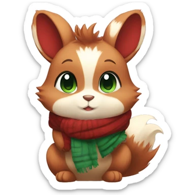 Cute, Chibi, chubby, fluffy, Kemono-style, Anthro, Fur-Sona, Dark-Red, Squirrel-Rabbit-hybrid-Fakémon, with a green scarf, full body sticker
