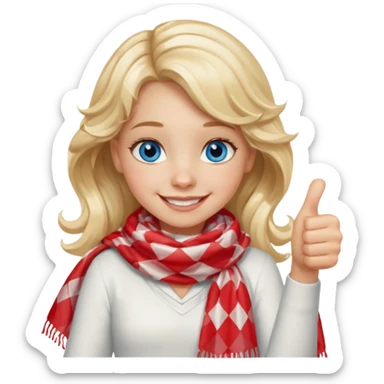 Blonde Girl, Blue Eyes, wavy hair, smiling, thumbs up, wearing red Checkered Triangle scarf, white dress sticker