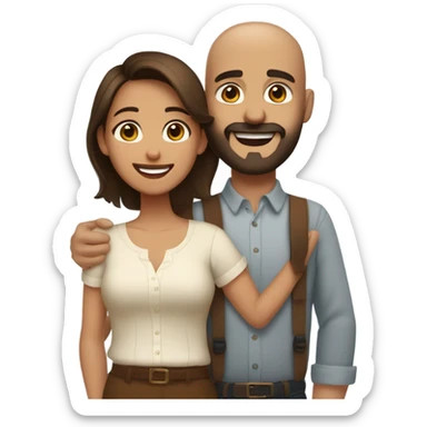 Brown-haired Puerto Rican woman with dark brown eyes wearing a cute blouse giving a comforting hug to a short, bald man with brown eyes, laugh lines, and a beard sticker