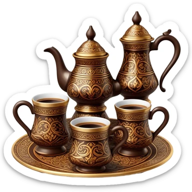 Turkish Coffee Set – Cinematic Realistic Turkish Coffee Set, depicted as an elegantly arranged ensemble of ornate coffee cups and a traditional cezve pot, adorned with intricate patterns and rich, warm colors, rendered with detailed textures and soft ambient lighting that captures its cultural heritage. sticker