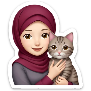 Asian white girl wearing  maroon hijab with dress holding a black grey tabby cat while smiling sticker