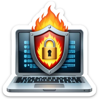 An icon featuring a digital shield with a lock, binary code, and a glowing firewall grid, symbolizing cybersecurity. The design includes a laptop, warning icons, and secure network nodes, representing protection against cyber threats. Transparent background highlights digital safety and defense. sticker
