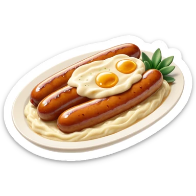 Cinematic Realistic Bangers and Mash Dish Emoji, featuring succulent pork sausages paired with creamy mashed potatoes rendered with detailed textures and natural highlights that emphasize its robust, hearty flavor. sticker