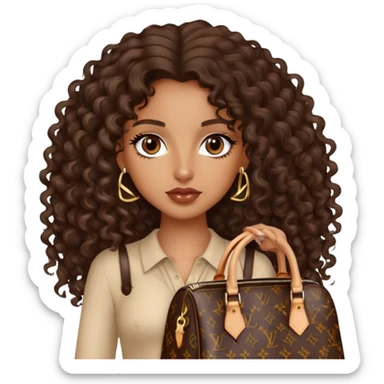 Brown girl with long dark brown long curly hair carrying a Louis Vuitton bag sticker