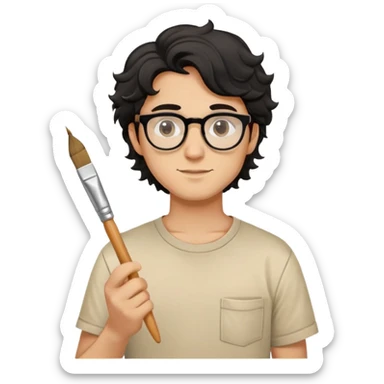 Young caucasian man with black wavy hair, round glasses, beige painting shirt, holding a square paintbrush sticker